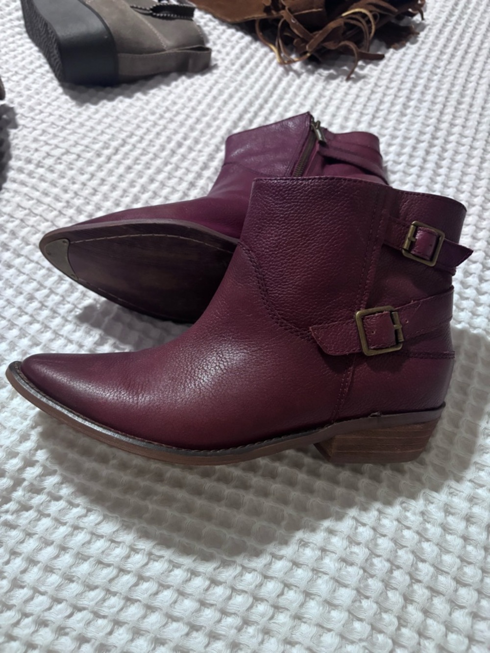Lucky Brand Women's Burgundy Leather Ankle Boots with Buckles